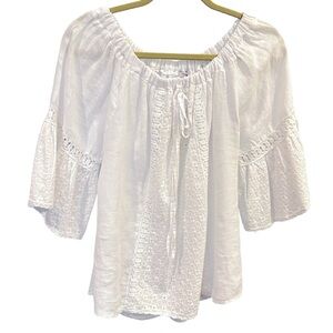 NWT‎ Puro Lino Italy White Linen Eyelet Peasant Blouse